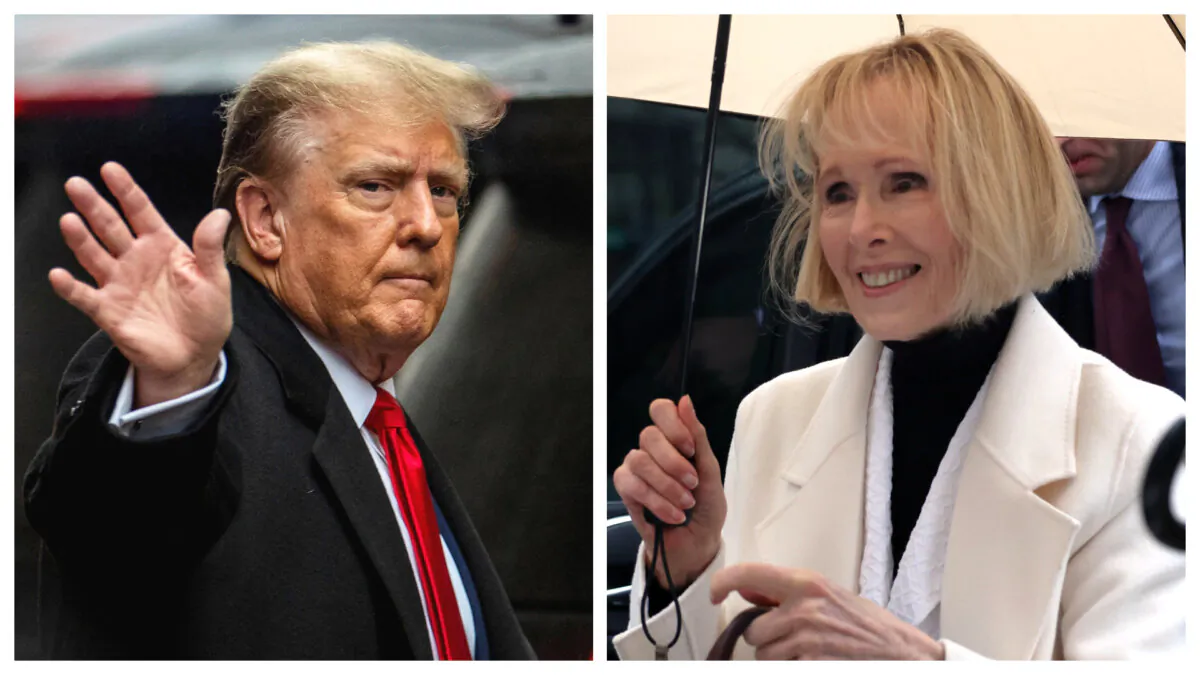 (Left) Former President Donald Trump in New York on Jan. 26, 2024. (Right) E. Jean Carroll arrives at Manhattan federal court in New York on Jan. 26, 2024. (Eduardo Munoz/Reuters; Spencer Platt/Getty Images)