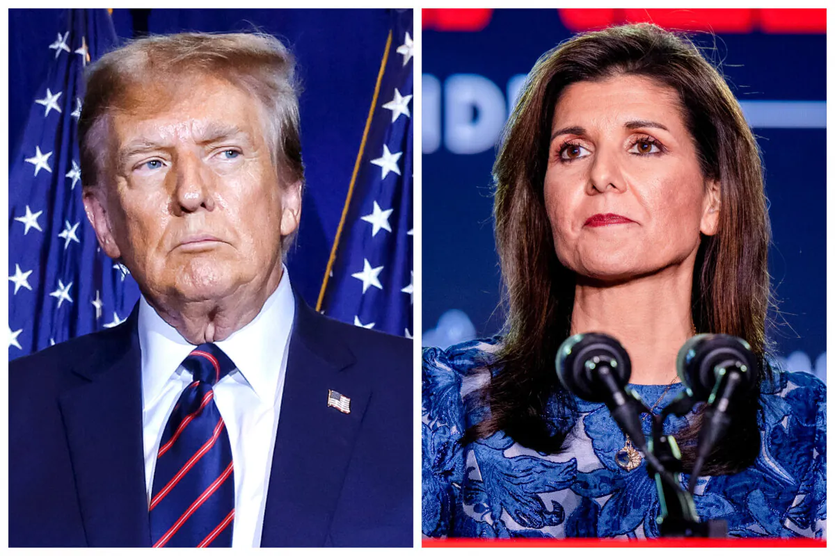 (Left) Former President Donald Trump at his primary-night party in Nashua, N.H., on Jan. 23, 2024. (Right) Former U.S. Ambassador to the U.N. Nikki Haley at her primary-night rally in Concord, N.H., on Jan. 23, 2024. (Chip Somodevilla, Brandon Bell/Getty Images)