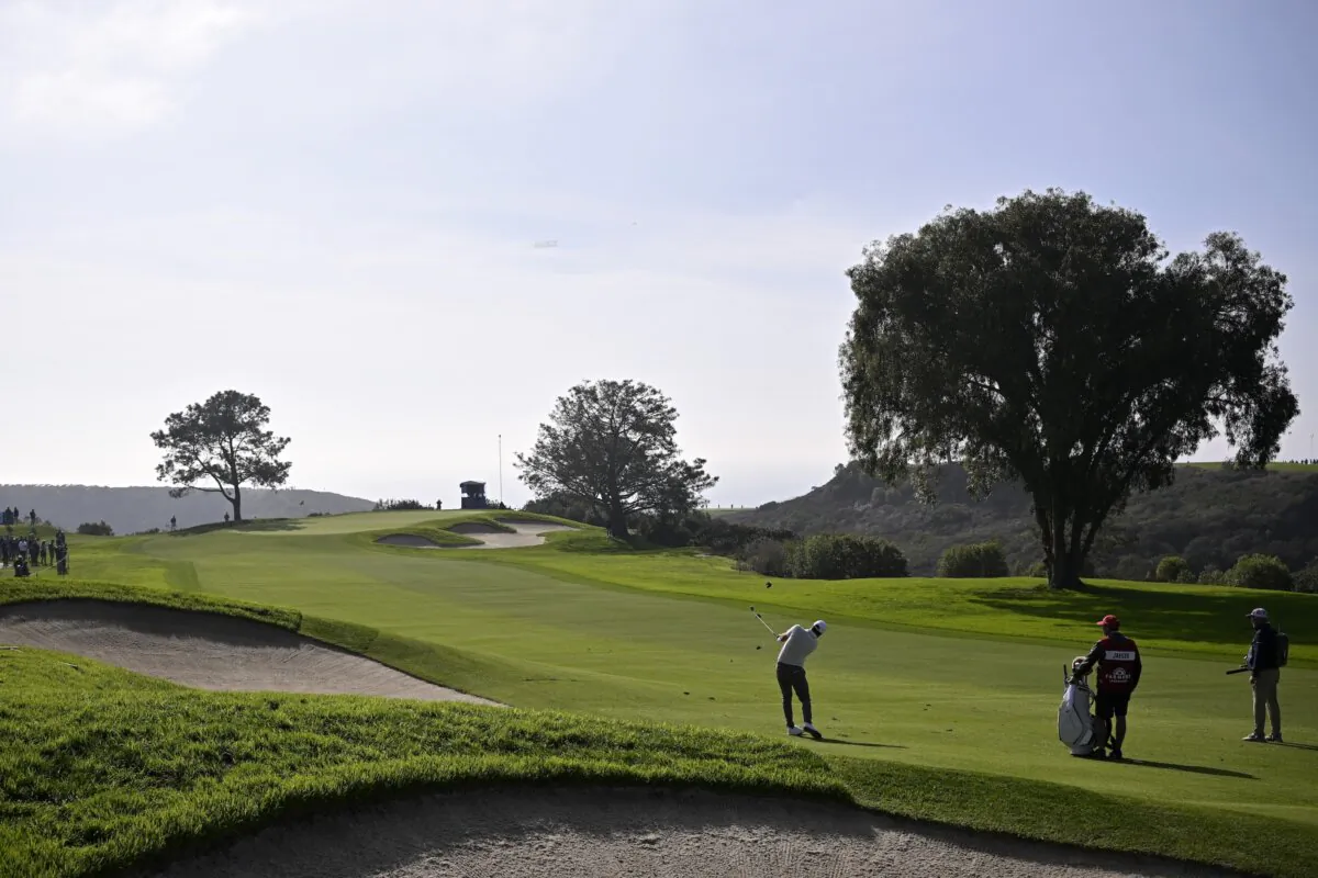 A general view as Stephan Jaeger of Germany plays his shot on the seventh hole during the third round of the Farmers Insurance Open at Torrey Pines South Course in La Jolla, Calif., on Jan. 26, 2024. (Orlando Ramirez/Getty Images)