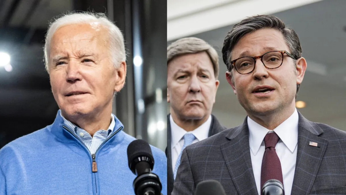 U.S. President Joe Biden speaks about his Investing in America and Bipartisan Infrastructure plans at Earth Rider Brewery in Superior, Wis., on Jan. 25, 2024. (Saul Loeb/AFP via Getty Images); Speaker of the House Mike Johnson (R-La.) makes a statement alongside (L-R) U.S. Reps. Mike Turner (R-Ohio), Mike Rogers (R-Ala.), and Mike McCaul (R-Texas) outside the White House in Washington, on Jan. 17, 2024. (Samuel Corum /Getty Images)
