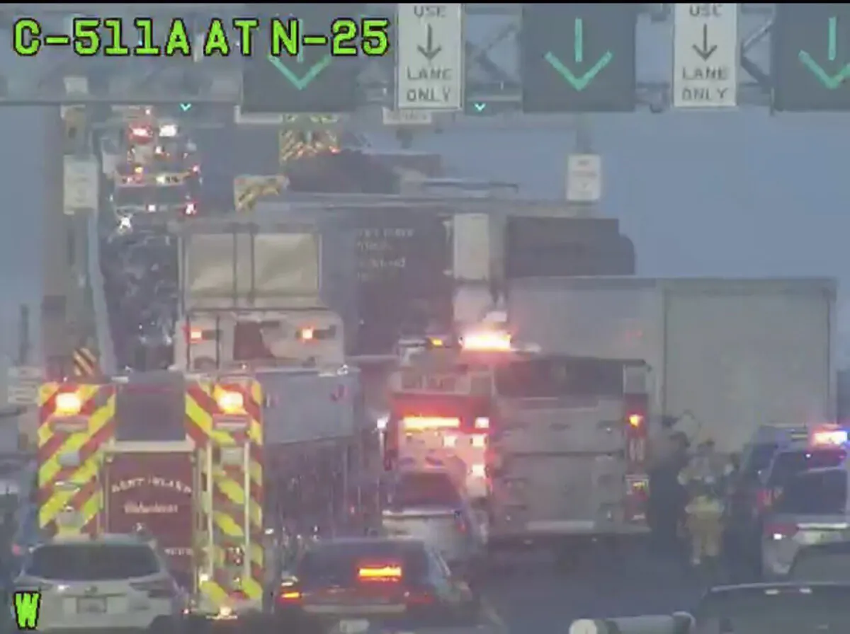 This image provided by the Maryland Transportation Authority shows a multi-vehicle crash on US-50 Bay Bridge in Maryland, on Jan. 27, 2024. (Maryland Transportation Authority via AP)