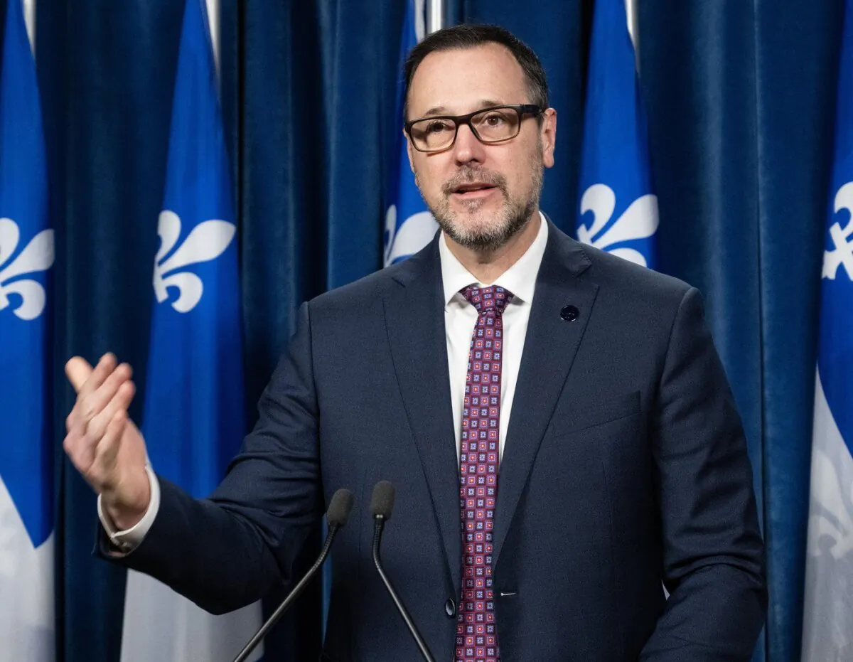 Coalition Avenir Quebec  Immigration, Francization and Integration Minister Jean-François Roberge speaks at a news conference at the legislature in Quebec City on Nov. 23, 2023. (The Canadian Press/Karoline Boucher)