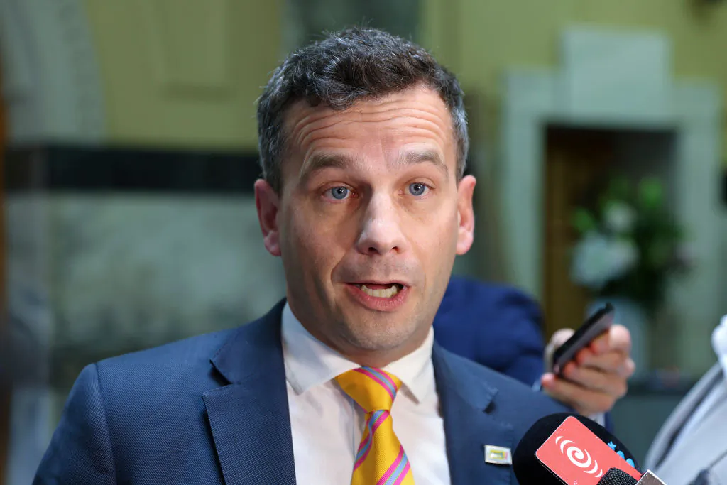 ACT leader David Seymour speaks to media on his way to the house following the State Opening of Parliament in Wellington, New Zealand, on Dec. 6, 2023. (Hagen Hopkins/Getty Images)