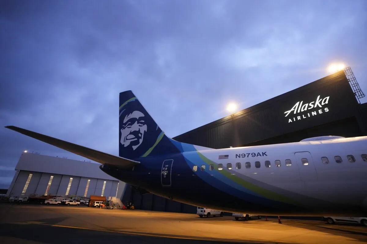 An Alaska Airlines Boeing 737 Max 9 awaits inspection at the airline's hangar at Seattle-Tacoma International Airport in Seattle on Jan. 10, 2024. (Lindsey Wasson/AP Photo)