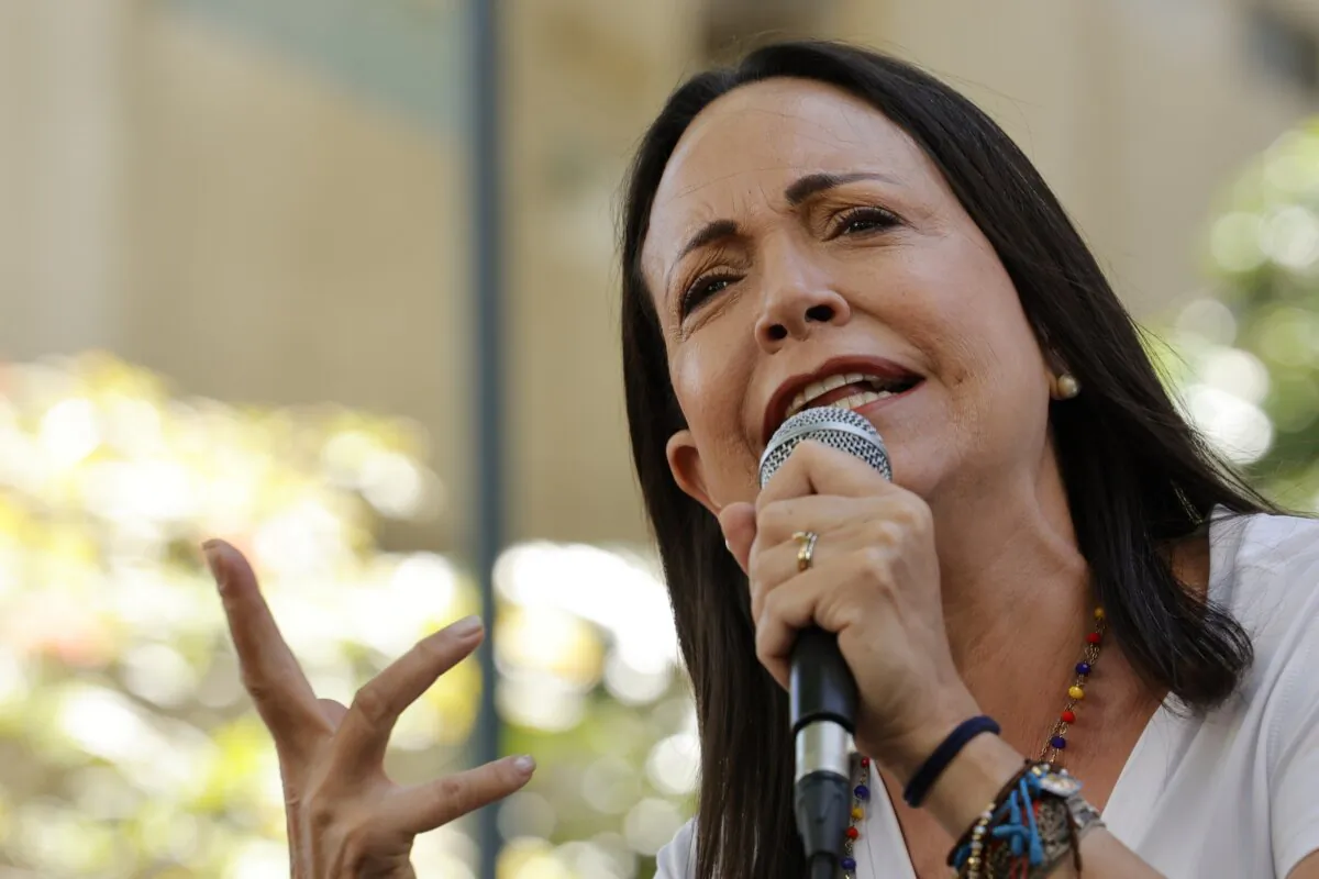 Opposition coalition presidential hopeful Maria Corina Machado speaks to supporters at a campaign event in Caracas, Venezuela, on Jan. 23, 2024. (Jesus Vargas/AP Photo)