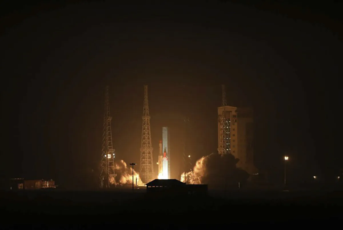 A satellite carrier is launched at the Imam Khomeini Spaceport in Iran's rural Semnan province in a photo released on Jan. 28, 2024. (Iranian Defense Ministry via AP)