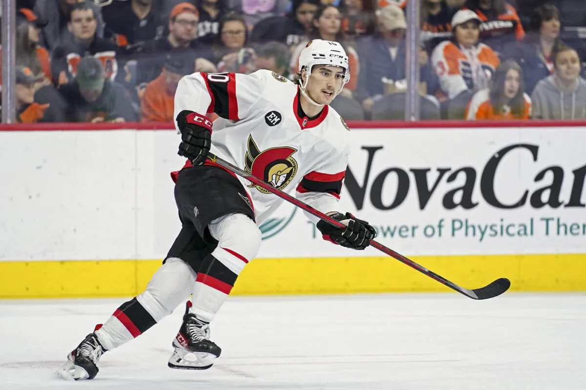 Ottawa Senators' Alex Formenton skates during an NHL hockey game in Philadelphia, on April 29, 2022. (The Canadian Press/AP-Matt Slocum)