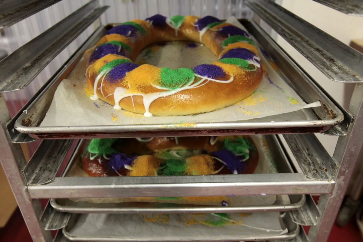 Mardi Gras King Cakes by pastry chef Jean-Luc Albin at Maurice French Pastries are displayed in Metairie, La., on Feb. 10, 2011. (Gerald Herbert/AP Photo)