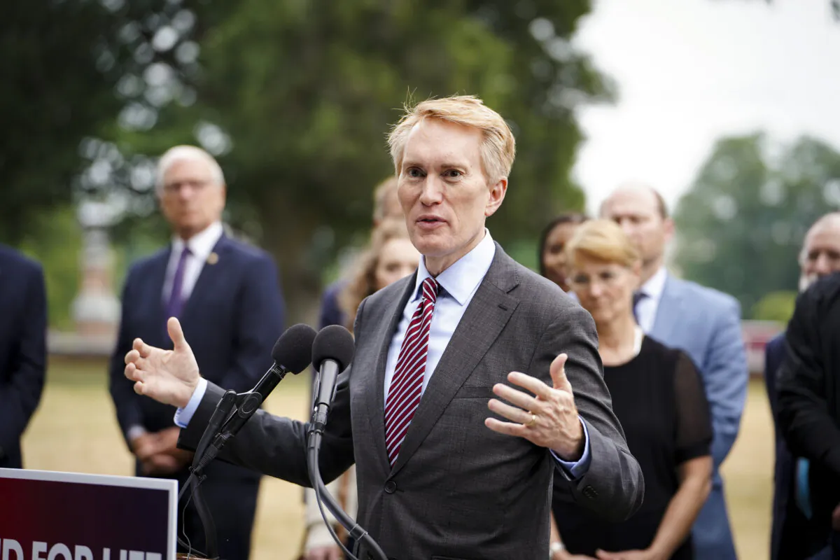 Sen. James Lankford (R-Okla.) speaks during a rally for the anniversary of Dobbs at the Senate Swamp in Washington on June 20, 2023. (Madalina Vasiliu/The Epoch Times)