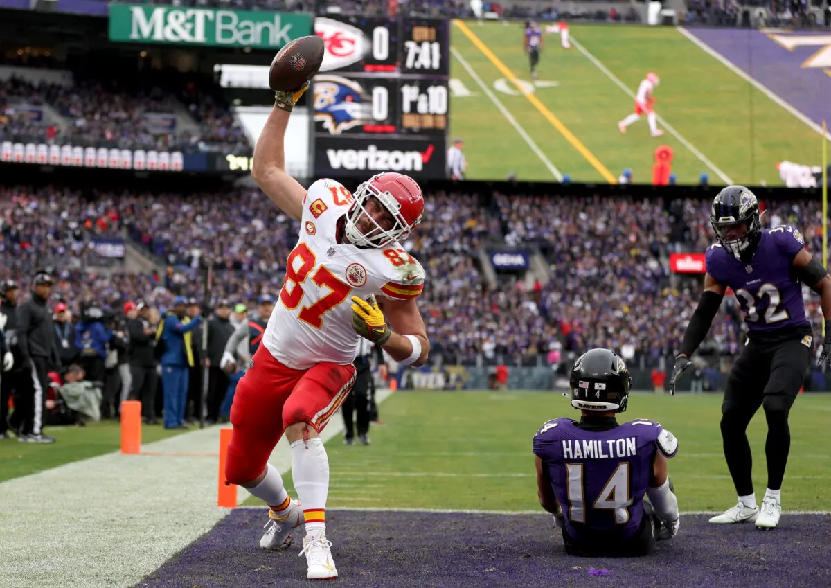 Travis Kelce of the Kansas City Chiefs celebrates after a touchdown against the Baltimore Ravens during the first quarter in the AFC Championship Game at M&T Bank Stadium in Baltimore on Jan. 28, 2024. (Patrick Smith/Getty Images)