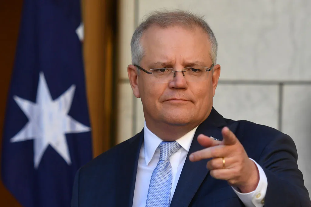 Former Prime Minister Scott Morrison gestures during a press conference in the Prime Ministers Courtyard at Parliament House in Canberra, Australia, on May 14, 2020. (Sam Mooy/Getty Images)