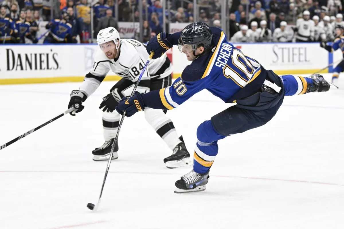 St. Louis Blues center Brayden Schenn (10) takes a shot against the Los Angeles Kings during overtime in St. Louis on Jan. 28, 2024. (Jeff Le/USA TODAY Sports via Field Level Media)