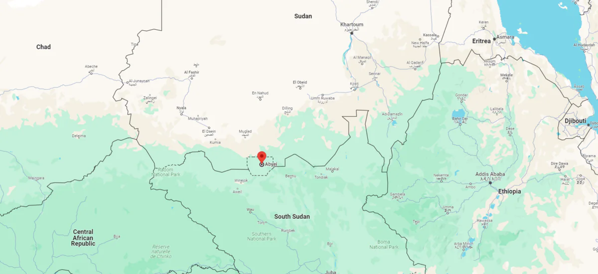 A map shows the location of Abyei region, in South Sudan's border with Sudan, in Jan. 29, 2024. (Google Maps)