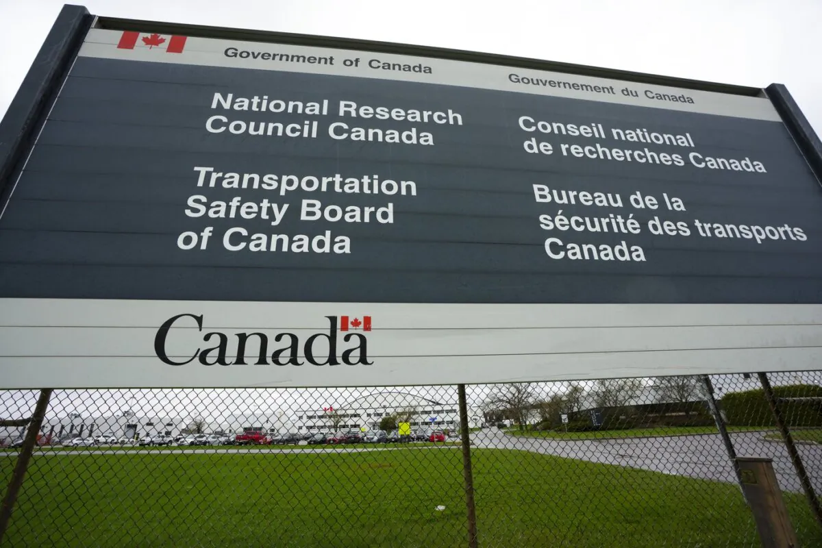 Transportation Safety Board of Canada (TSB) signage is pictured outside TSB offices in Ottawa on May 1, 2023. (The Canadian Press/Sean Kilpatrick)
