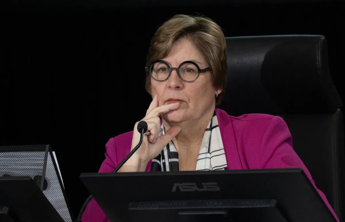 Commissioner Justice Marie-Josee Hogue looks around the room as she listens to counsel at the Public Inquiry Into Foreign Interference in Federal Electoral Processes and Democratic Institutions on Jan. 29, 2024 in Ottawa. (Adrian Wyld/The Canadian Press)