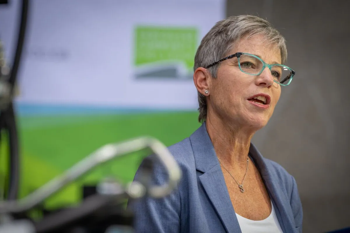 Selina Robinson, Minister of Post-Secondary Education and Future, speaks at an announcement in Vancouver, B.C., on July 20, 2023. (The Canadian Press/Ethan Cairns)