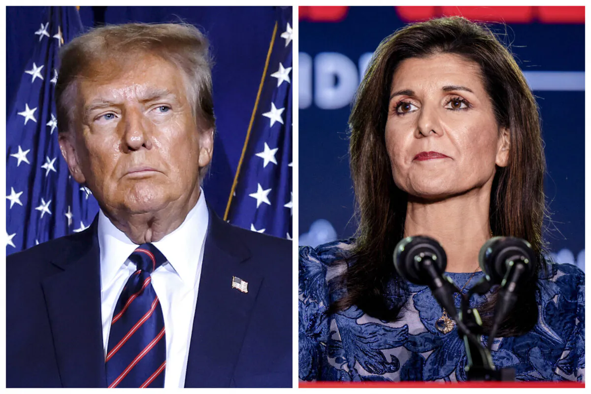 (Left) Former President Donald Trump at his primary party in Nashua, N.H., on Jan. 23, 2024. (Right) Former ambassador to the United Nations Nikki Haley at her primary rally in Concord, N.H., on Jan. 23, 2024. (Chip Somodevilla, Brandon Bell/Getty Images)