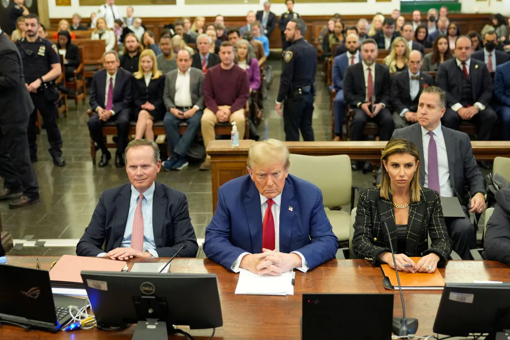Former President Donald Trump and his lawyers Christopher Kise and Alina Habba attend the closing arguments in the Trump Organization civil fraud trial at New York State Supreme Court in New York City on Jan. 11, 2024. (Seth Wenig-Pool/Getty Images)
