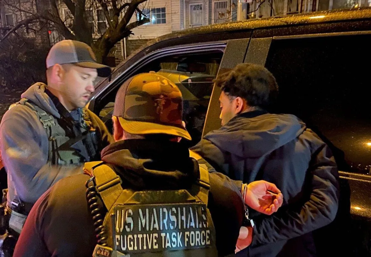 Shane Pryor (R) is taken into custody in Philadelphia on Jan. 28, 2024. (Courtesy of U.S. Marshals Service Philadelphia)