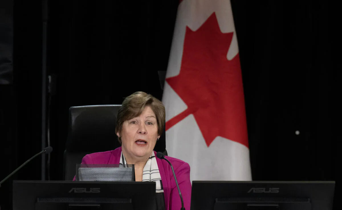 Commissioner Marie-Josée Hogue delivers opening remarks at the Public Inquiry Into Foreign Interference in Federal Electoral Processes and Democratic Institutions, in Ottawa on Jan. 29, 2024. (The Canadian Press/Adrian Wyld)