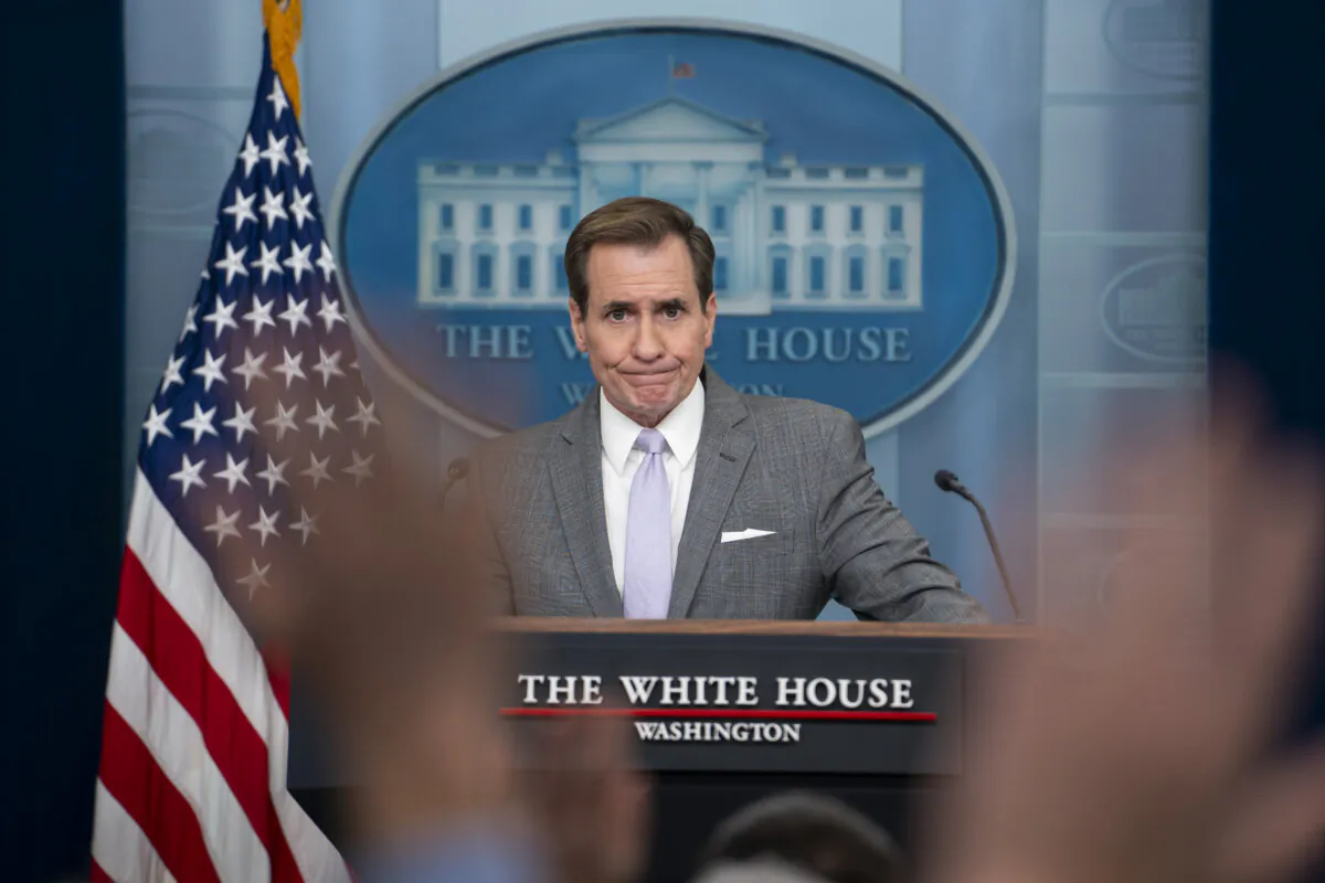 National Security Council Coordinator for Strategic Communications John Kirby speaks during a press briefing at the White House in Washington on Jan. 29, 2024. (Madalina Vasiliu/The Epoch Times)