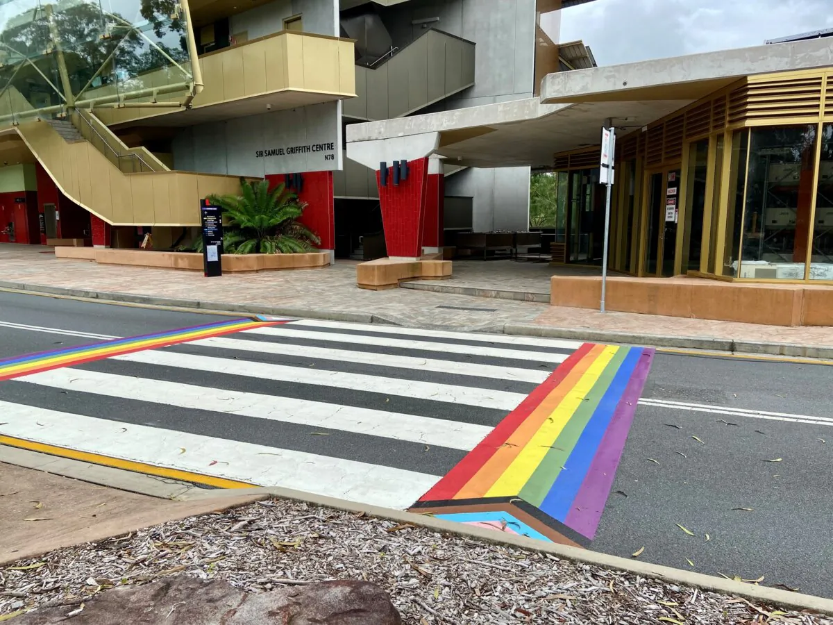 A zebra crossing adorned with pride colours at Griffith University's Nathan Campus in Brisbane, Australia on Jan. 30, 2024. (Daniel Teng/The Epoch Times)