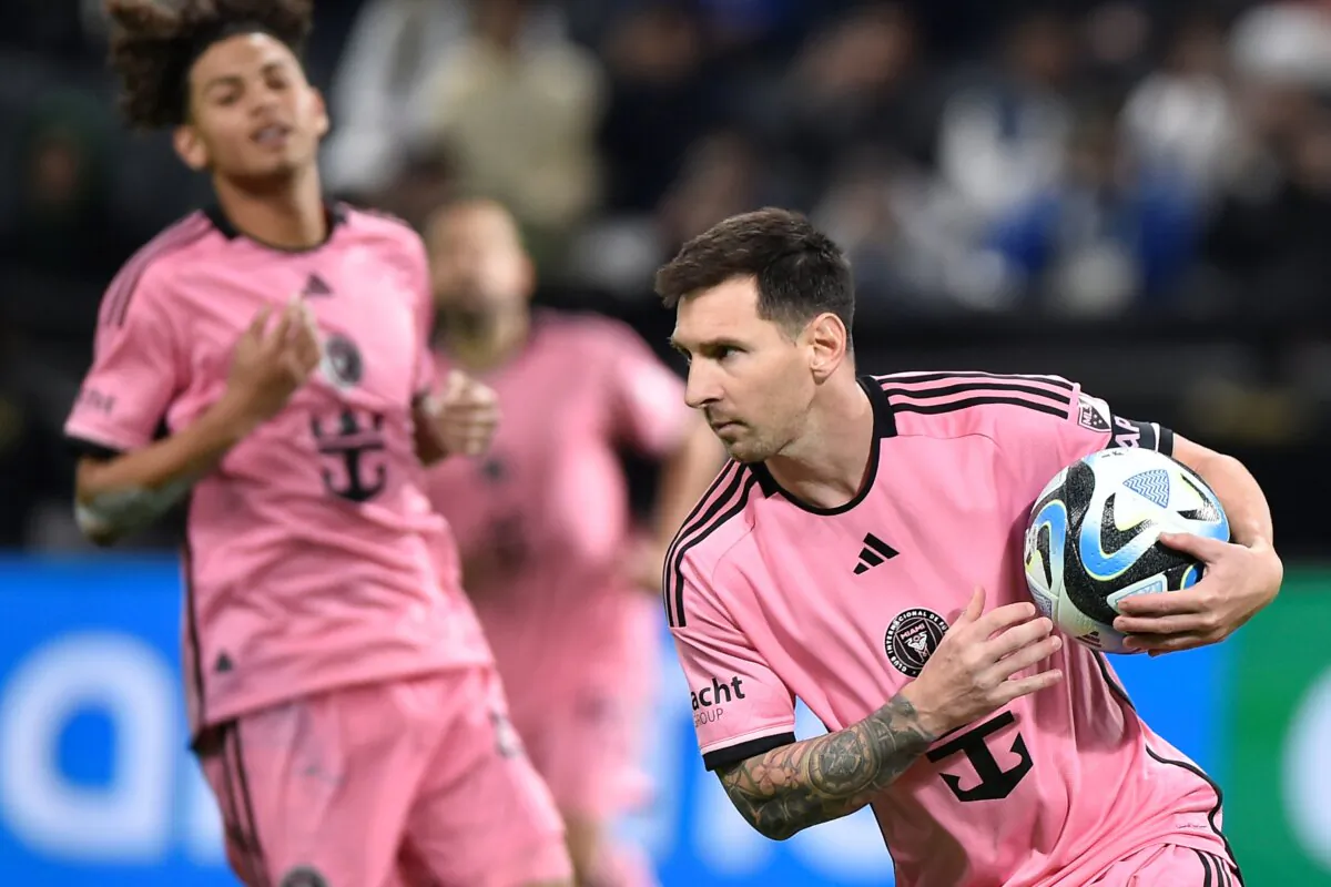 Inter Miami's Lionel Messi runs with the ball during the Riyadh Season Cup soccer match between Inter Miami and Al Hilal at Kingdom Arena Stadium in Riyadh, Saudi Arabia, on Jan. 29, 2024. (AP Photo)
