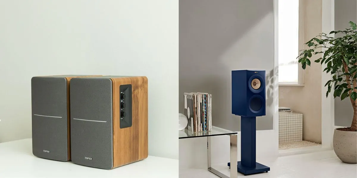 (Left) Edifier R1280T Powered Bookshelf Speakers (Right) Kef R3 Meta Bookshelf Speakers (Illustration by The Epoch times, Amazon)