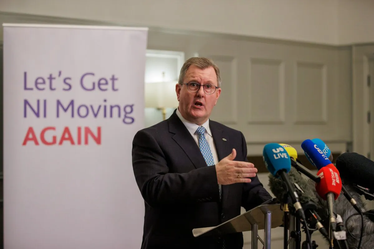 DUP leader Sir Jeffery Donaldson MP during a press conference at Hinch Distillery, Ballynahinch, Co. Down, Northern Ireland, on Jan. 30, 2024. (Liam McBurney/PA Wire)

