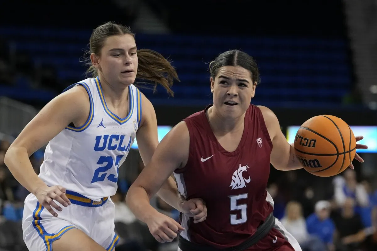 Washington State guard Charlisse Leger-Walker (R) dribbles against UCLA forward Gabriela Jaquez (L) during the first half of an NCAA college basketball game in Los Angeles on Jan. 28, 2024. (Ryan Sun/AP Photo)