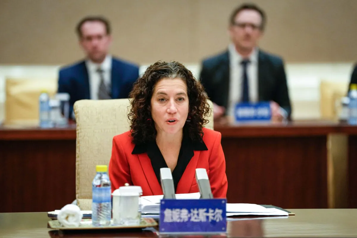 U.S. Deputy Assistant to the President and Deputy Homeland Security Adviser Jen Daskal (C) speaks during a meeting with Chinese Minister of Public Security Wang Xiaohong at the Diaoyutai State Guesthouse in Beijing on Jan. 30, 2024. (Ng Han Guan/Pool/AFP via Getty Images)