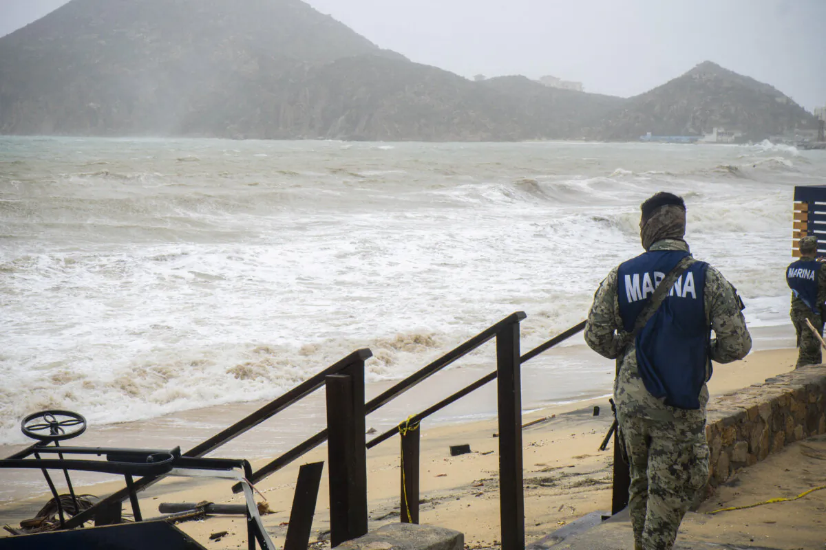 Members of the Mexican Navy patrol a beach in Los Cabos, Baja Californa state, Mexico, on Oct. 21, 2023. (Joel Cosio/AFP via Getty Images)