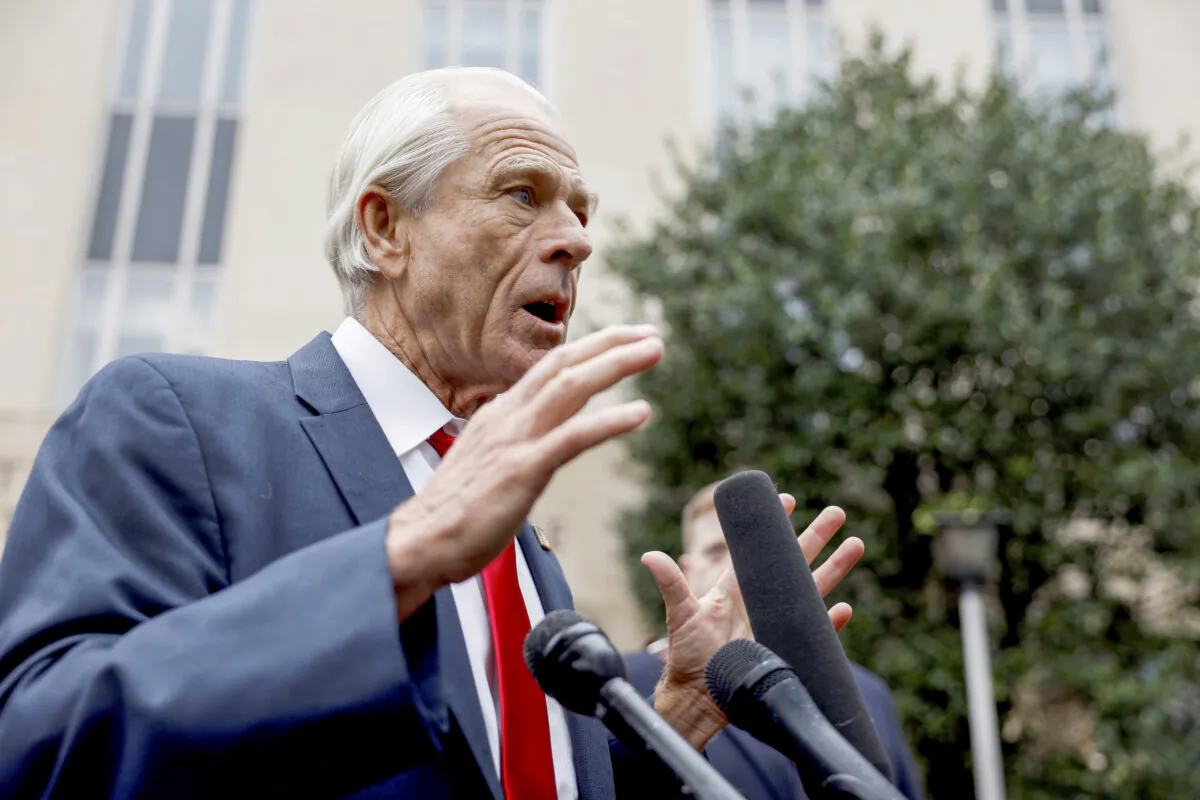 Peter Navarro, a former adviser to former U.S. President Donald Trump, speaks to reporters at the E. Barrett Prettyman Courthouse in Washington on Jan. 25, 2024. (Anna Moneymaker/Getty Images)