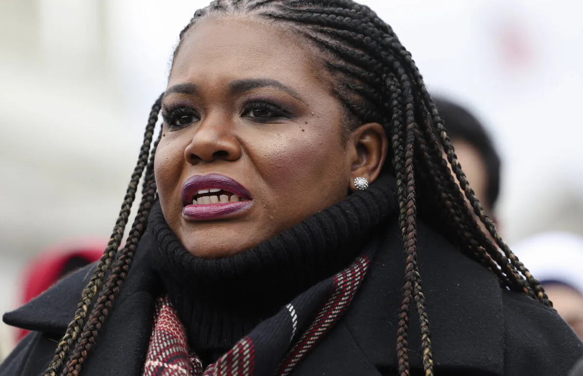 WASHINGTON, DC - DECEMBER 07: U.S. Rep. Cori Bush (D-MO) speak at a press conference on the Israel-Hamas war outside of the U.S. Capitol on December 07, 2023 in Washington, DC. A group of Democratic lawmakers joined by members of Doctors Against Genocide called on a permanent ceasefire in Gaza.  (Photo by Kevin Dietsch/Getty Images)