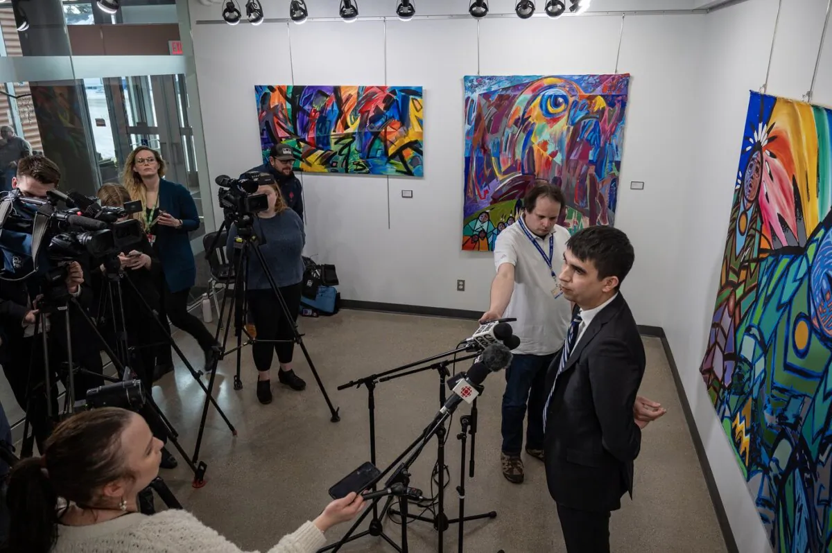 Keith Brown, the lawyer representing the James Smith Cree Nation, speaks to media following the opening day of the public coroner's inquest into the mass stabbings that happened on James Smith Cree Nation in 2022 in Melfort, Sask., on  Jan. 29, 2024. (The Canadian Press/Liam Richards)