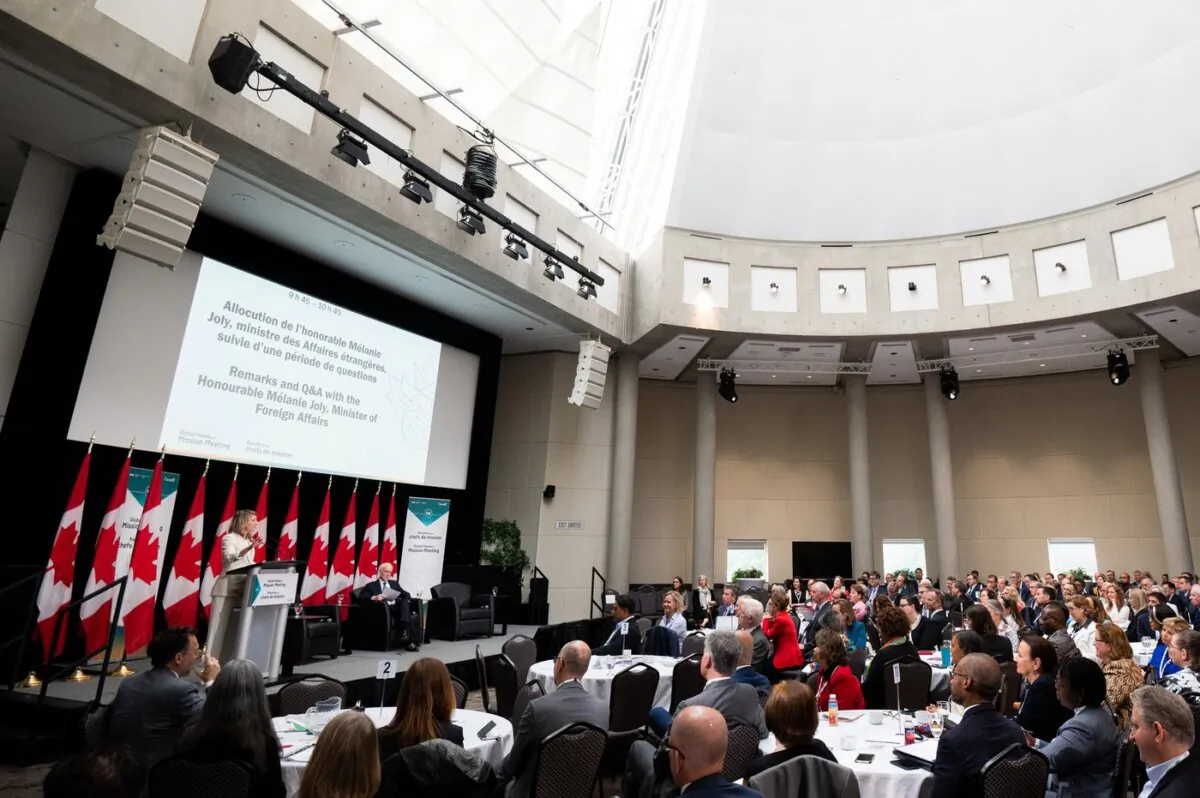 Foreign Affairs Minister Melanie Joly delivers remarks at the Global Heads of Mission Meeting discussing the Future of Diplomacy Initiative in Ottawa, on June 7, 2023. (The Canadian Press/Spencer Colby)