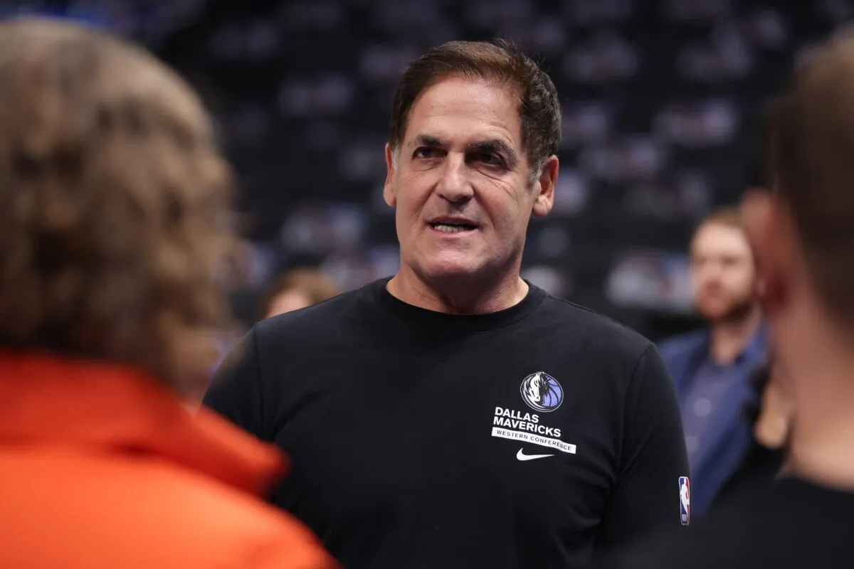 Mark Cuban, then owner of the Dallas Mavericks, talks to reporters before the game against the Chicago Bulls at American Airlines Center in Dallas, Texas, on Nov. 1, 2023. (Tim Heitman/Getty Images) 