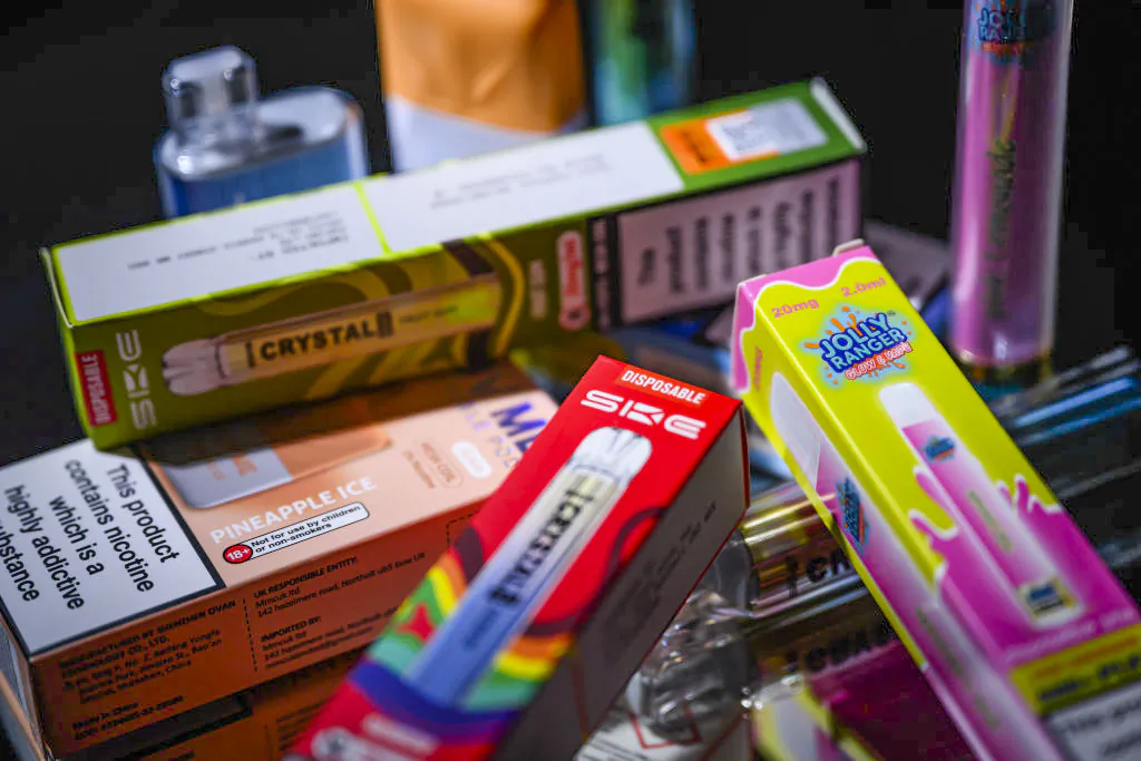 In this photo illustration, a selection of disposable vapes with bright and colourful packaging are seen in London on Jan. 29, 2024. (Leon Neal/Getty Images)