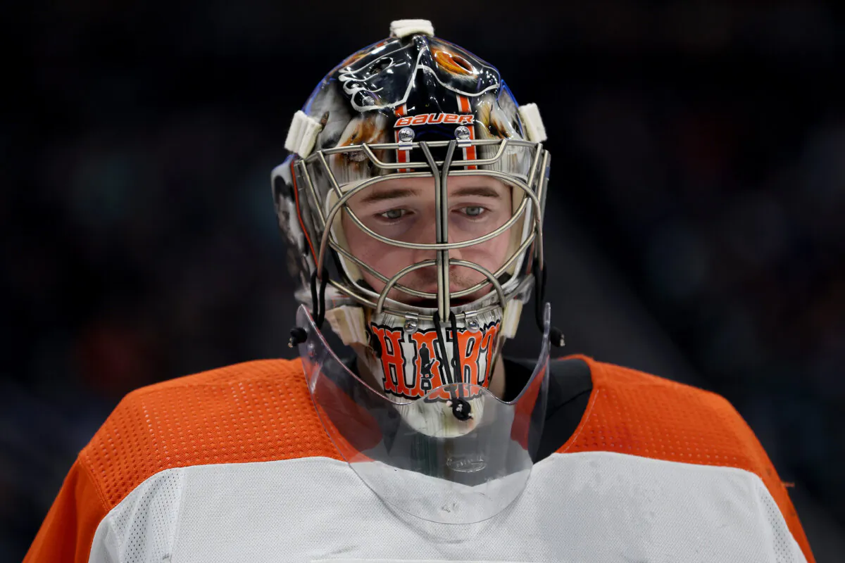 Carter Hart of the Philadelphia Flyers looks on during the game against the Seattle Kraken at Climate Pledge Arena in Seattle on Dec. 29, 2023. (Steph Chambers/Getty Images)
