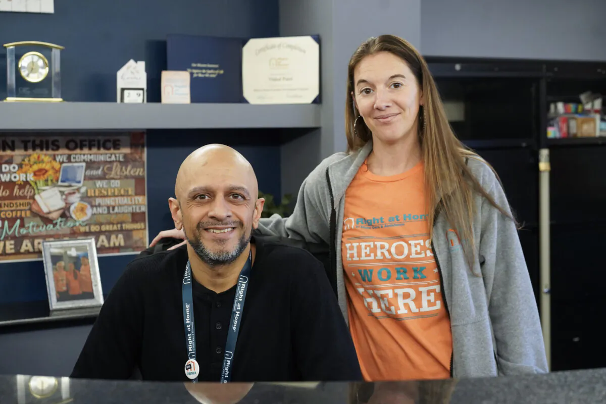 Vishal and Leia Patel in their Right at Home business office in Highland Falls, N.Y., on Jan. 29, 2024. (Cara Ding/The Epoch Times)