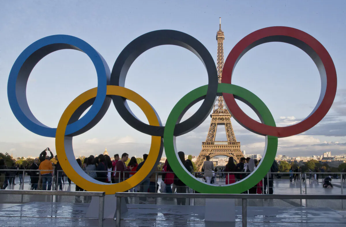 The Olympic rings are set up at Trocadero plaza that overlooks the Eiffel Tower in Paris on Sept. 14, 2017. (Michel Euler/AP Photo)