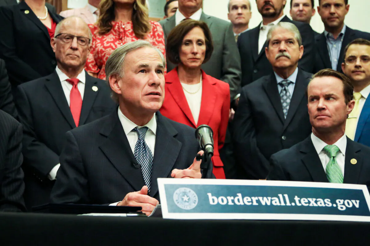 Texas Gov. Greg Abbott speaks at a press conference at the state capitol in Austin, Texas, on June 16, 2021. (Mei Zhong/The Epoch Times)