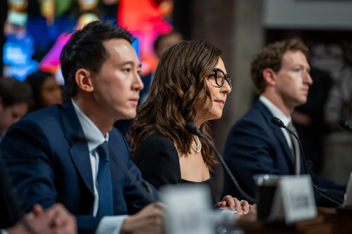 (L-R) TikTok CEO Shou Chew, X, previously known as Twitter, CEO Linda Yaccarino, and Meta Founder and CEO Mark Zuckerberg testify before the Senate Judiciary Committee about big tech and the online child sexual exploitation crisis in Washington on Jan. 31, 2024. (Madalina Vasiliu/The Epoch Times)
