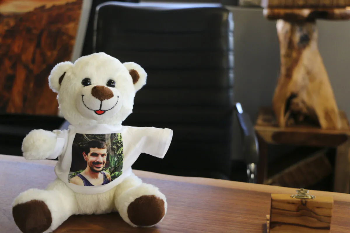 The teddy bear belonging to Almog Levy, a 2-year-old Israeli boy whose father, Or Levy, has been held hostage by the terrorist group Hamas following a surprise attack on the country on Oct. 7, 2023. Mr. Levy's older brother, Michael Levy, has travelled around the world with the teddy bear, rallying support to free his brother. (Andrew Chen/The Epoch Times)