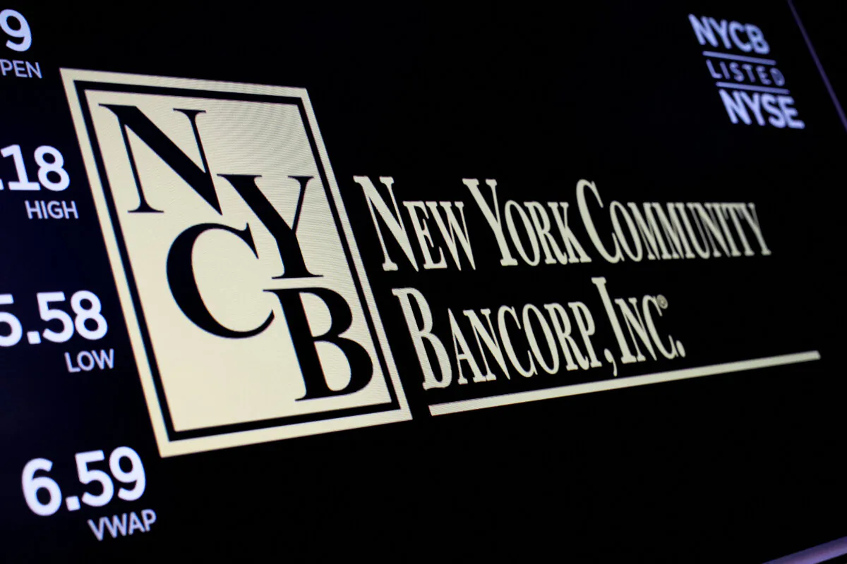A screen displays the trading information for New York Community Bancorp on the floor at the New York Stock Exchange (NYSE) in New York on Jan. 31, 2024. (Brendan McDermid/Reuters)