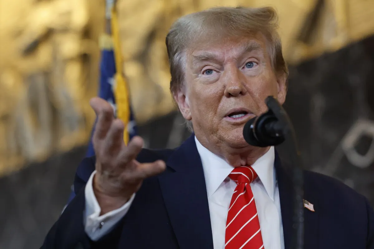 Former President Donald Trump talks to reporters at the International Brotherhood of Teamsters headquarters, in Washington, on Jan. 31, 2024. (Chip Somodevilla/Getty Images)