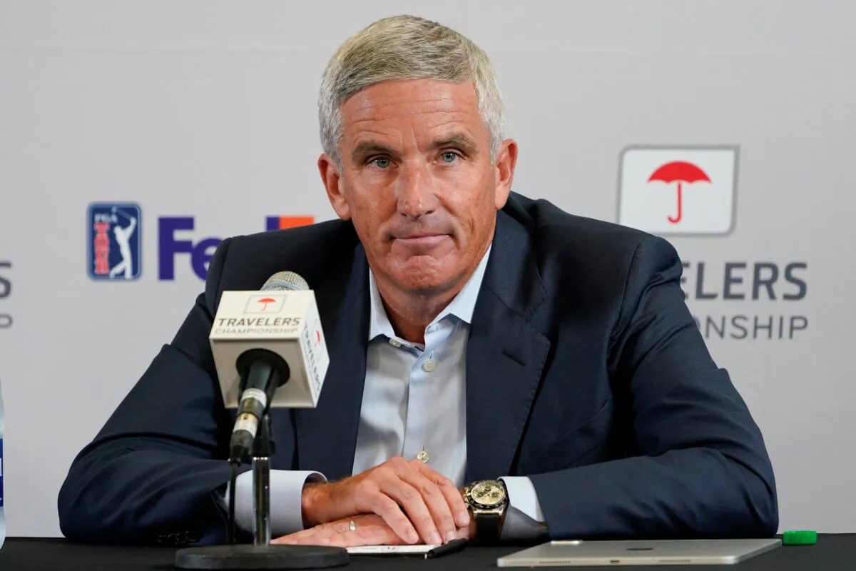 PGA Tour Commissioner Jay Monahan speaks during a news conference before the Travelers Championship golf tournament at TPC River Highlands in Cromwell, Conn., on June 22, 2022. (Seth Wenig/AP Photo)