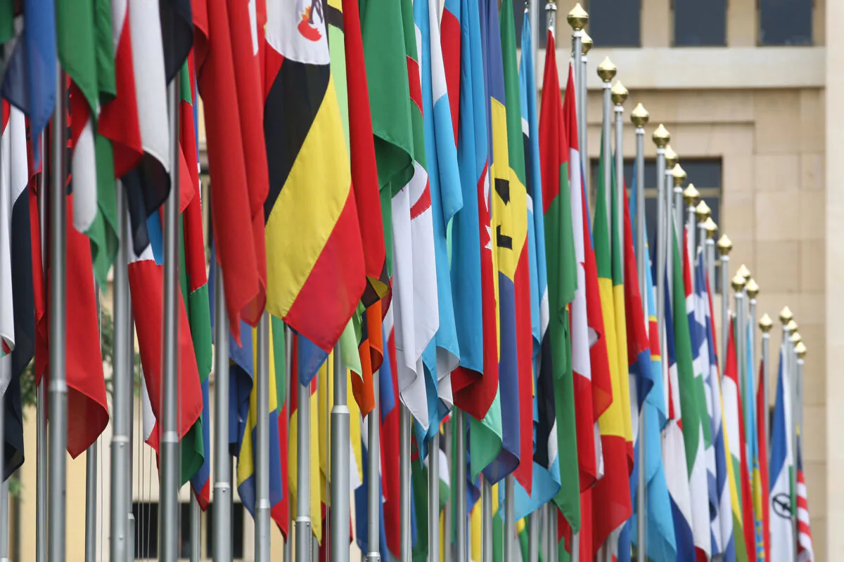 Numerous national flags are seen in front of the U.N. Office in Geneva, Switzerland, on June 8, 2008. (Johannes Simon/Getty Images)