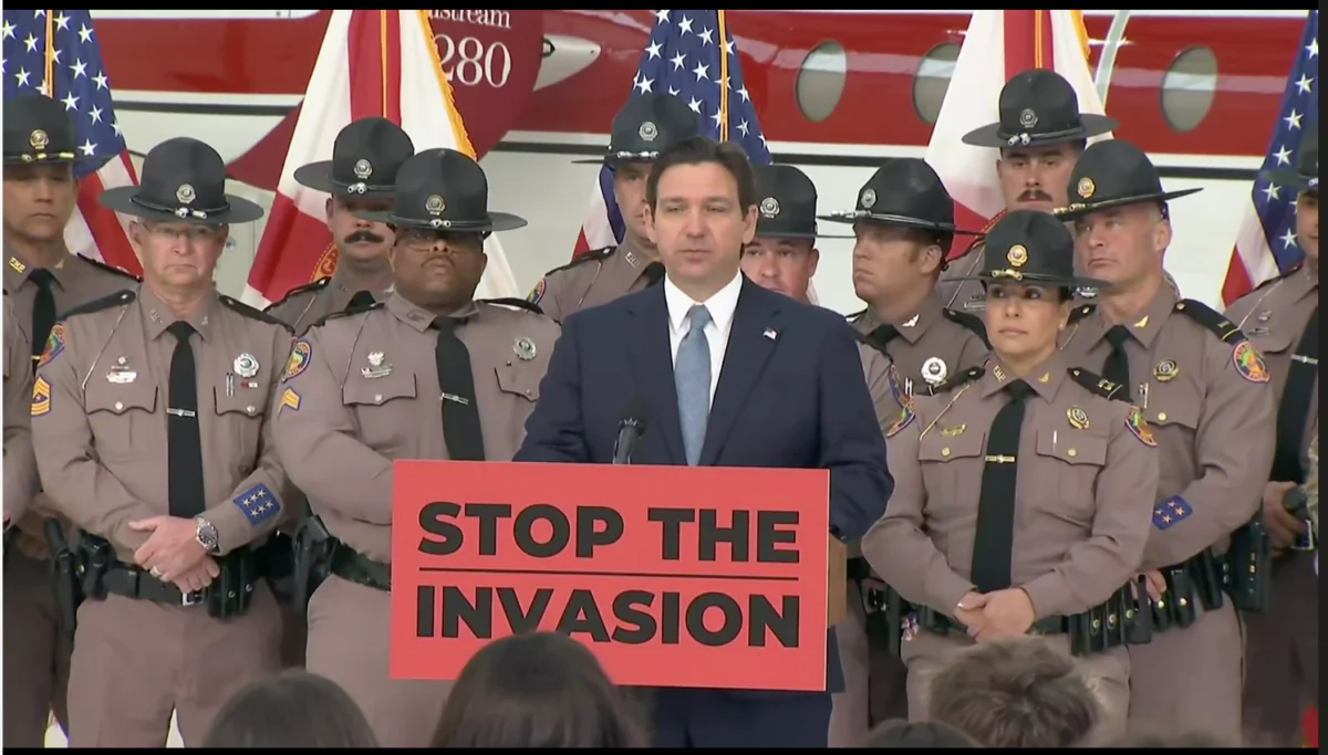 Florida Gov. Ron DeSantis announces deployment of National Guard, State Guard, and other law enforcement officers to the Texas border at a press conference in Jacksonville, Fla., on Feb. 1, 2024. (Courtesy of The Florida Channel)