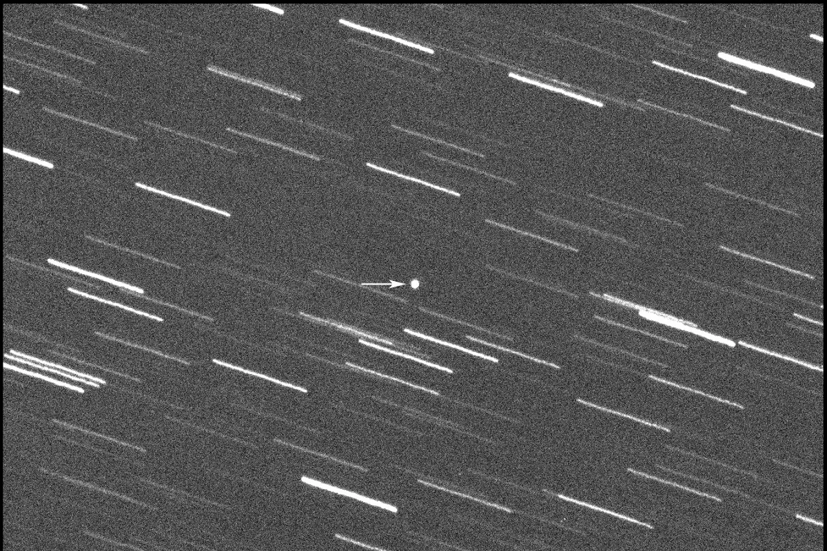 A single 180-second exposure asteroid that was approaching Earth on Jan. 31, 2024, about 4 million kilometers. (Virtual Telescope Project via AP)